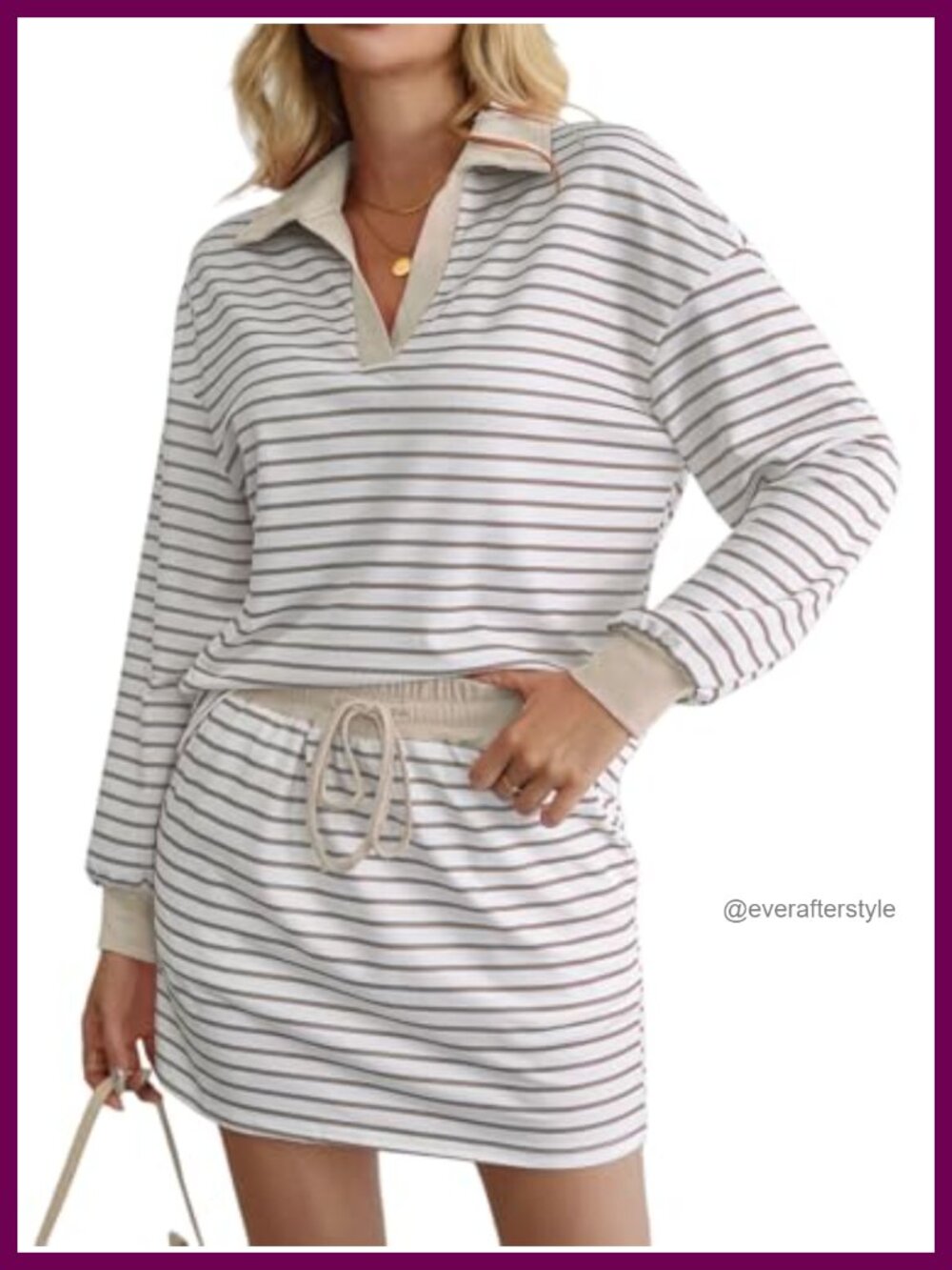 Womens Striped 2 Piece Sweatshirt Skirt Set Long Sleeve Athletic Skort Pockets